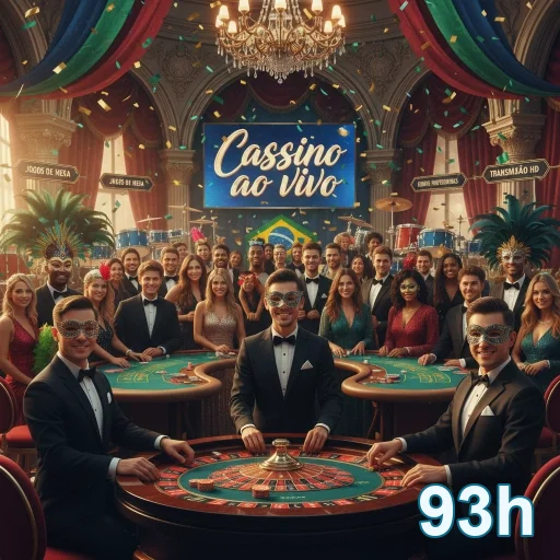 Grupo animado em cassino ao vivo da 93h com mesas de jogos.