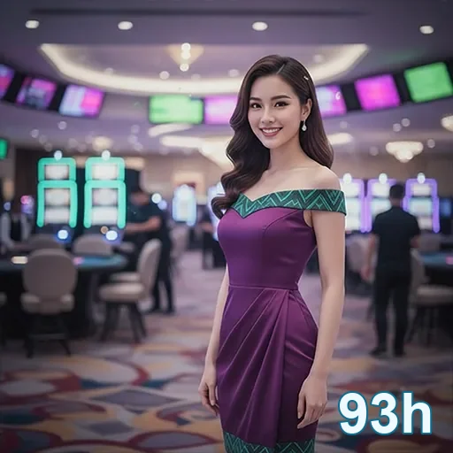 Jogadora sorridente em cassino da 93h ao fundo.